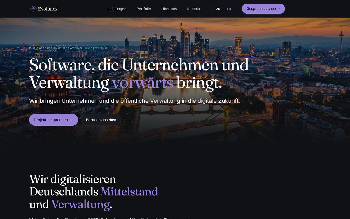 Startseite von evolunex.de mit Videohintergrund