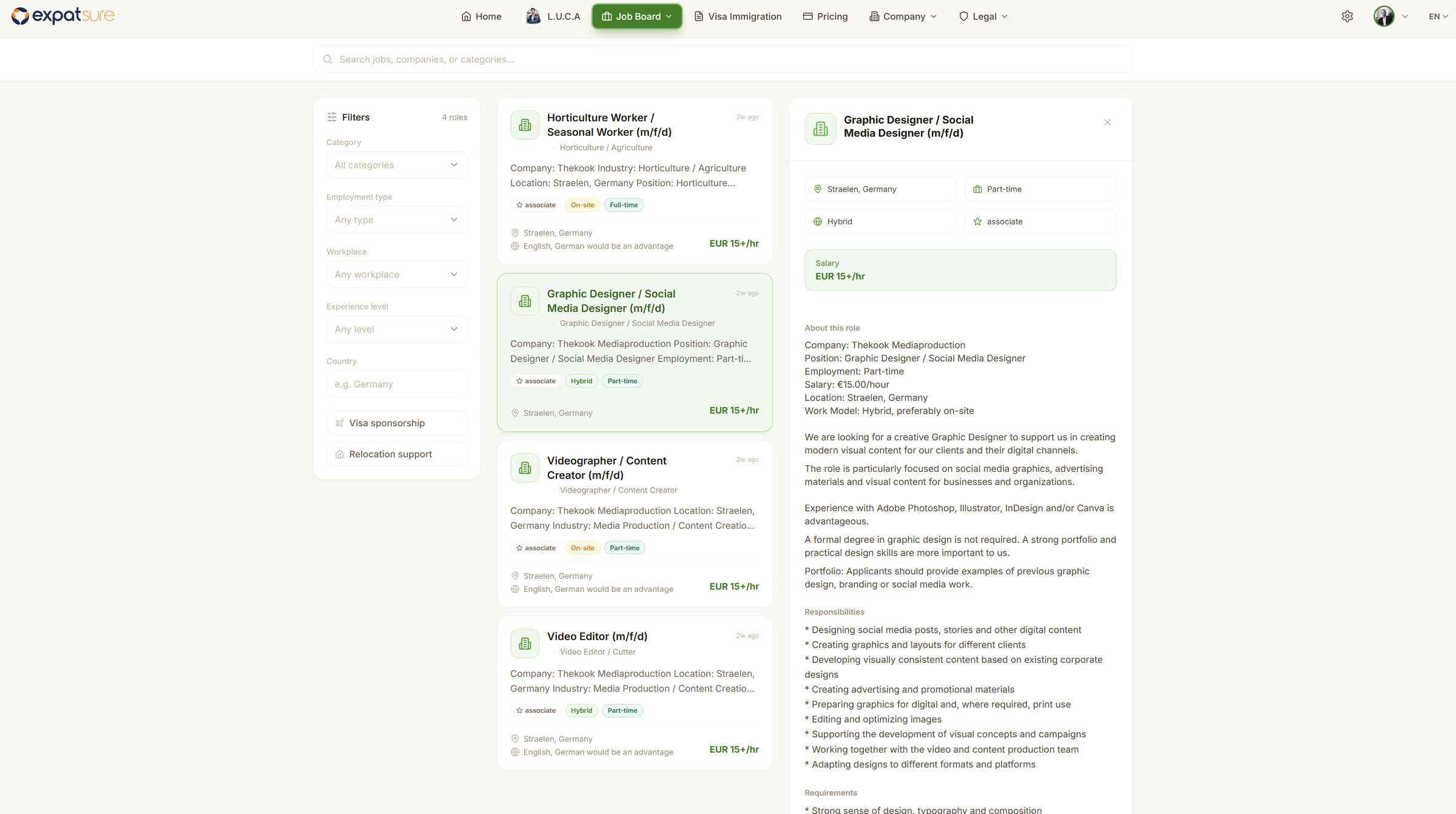 Expatsure Job-Börse mit Stellenliste, Filtern und Stellenbeschreibung