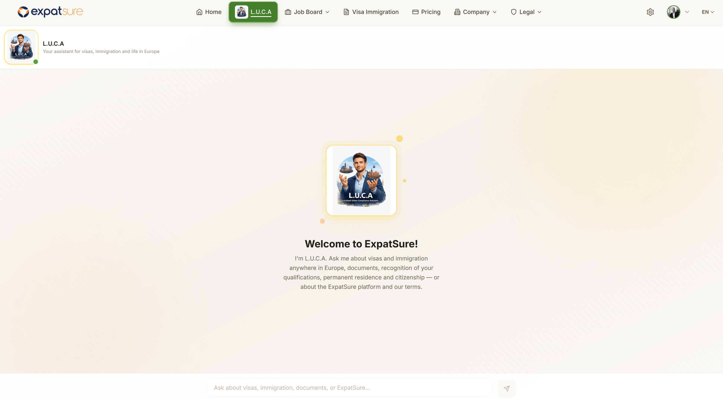 Expatsure KI-Assistent L.U.C.A, Startansicht
