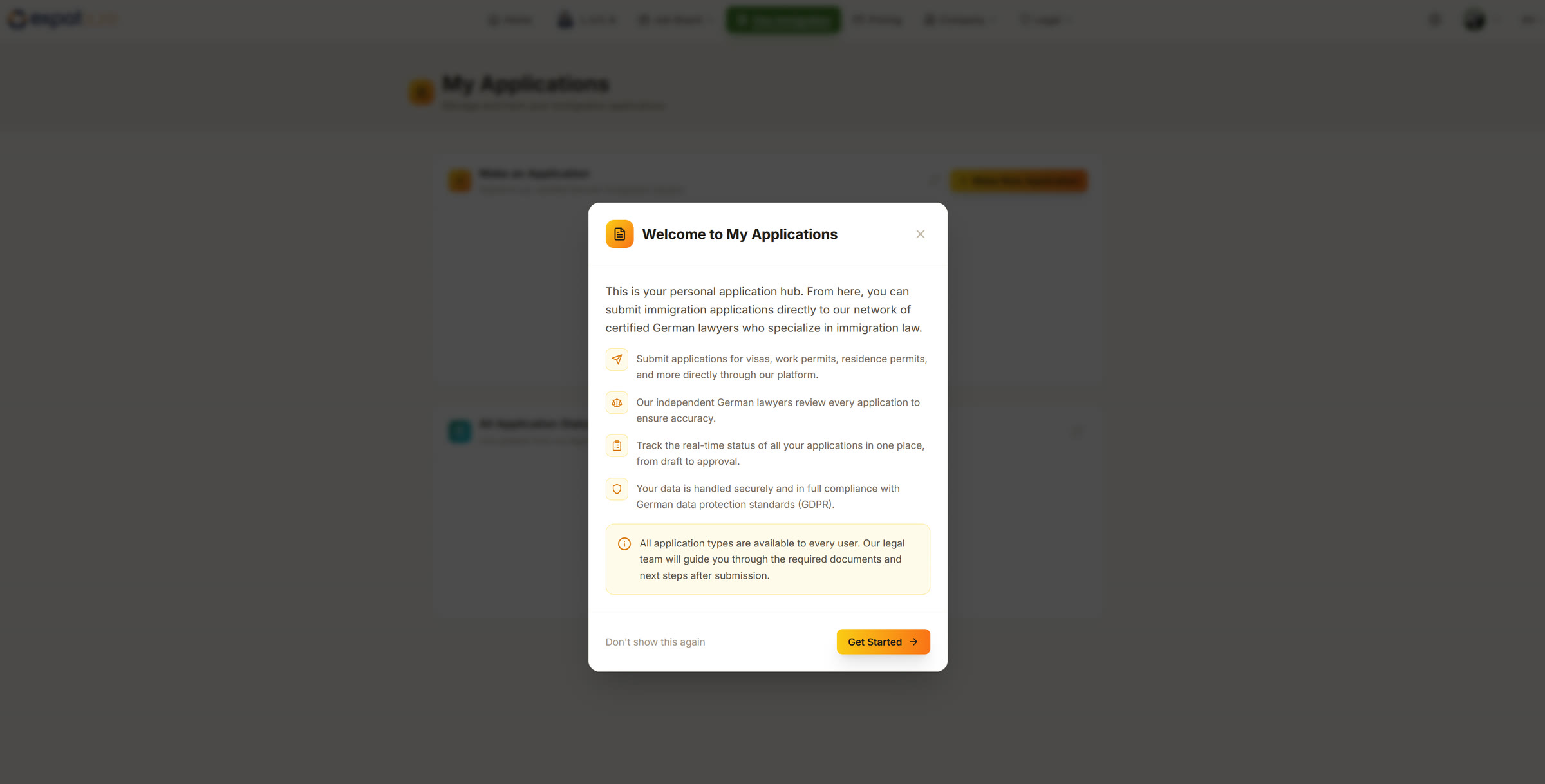 Expatsure Willkommensfenster für Meine Anträge