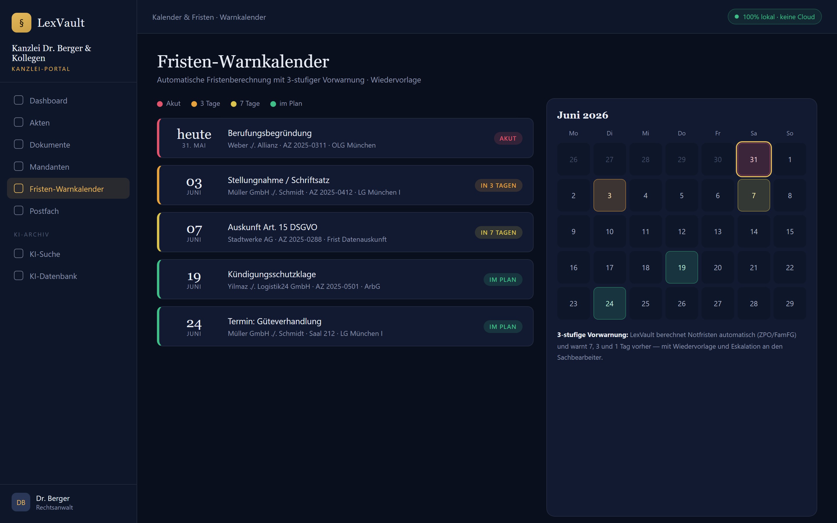 LexVault — Fristen-Warnkalender (3-stufige Vorwarnung)