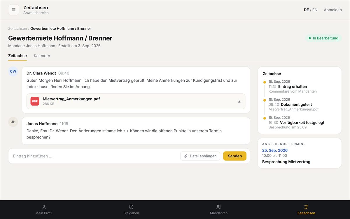LexVault Zeitachse eines Mandats mit geteiltem Dokument
