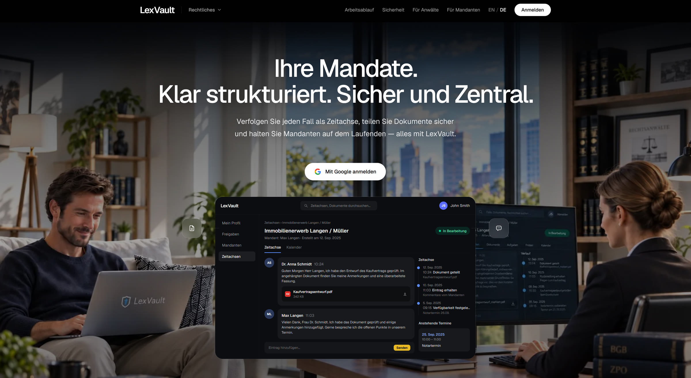 LexVault Startseite: Ihre Mandate, klar strukturiert, sicher und zentral