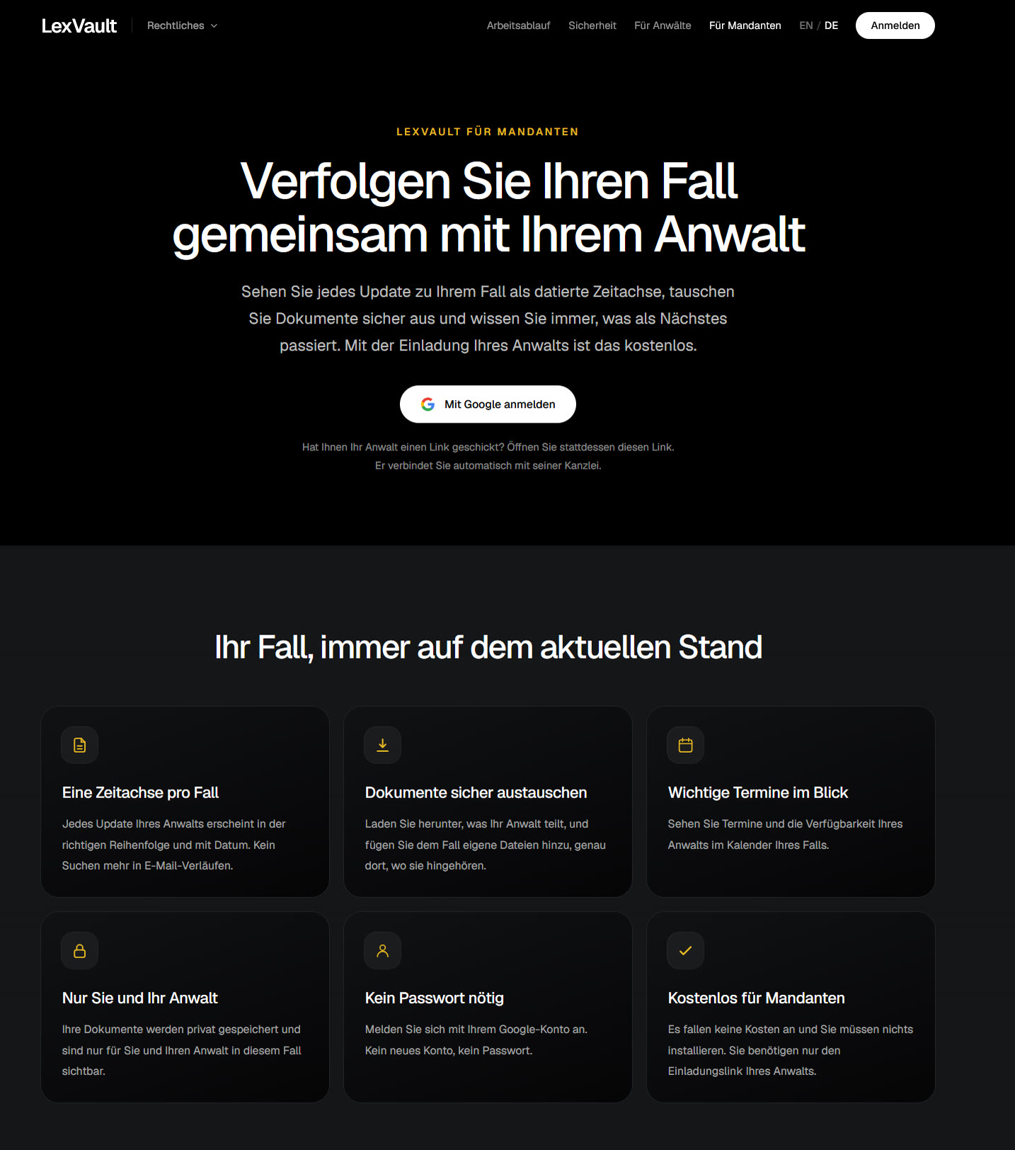 LexVault für Mandanten: den Fall gemeinsam mit dem Anwalt verfolgen
