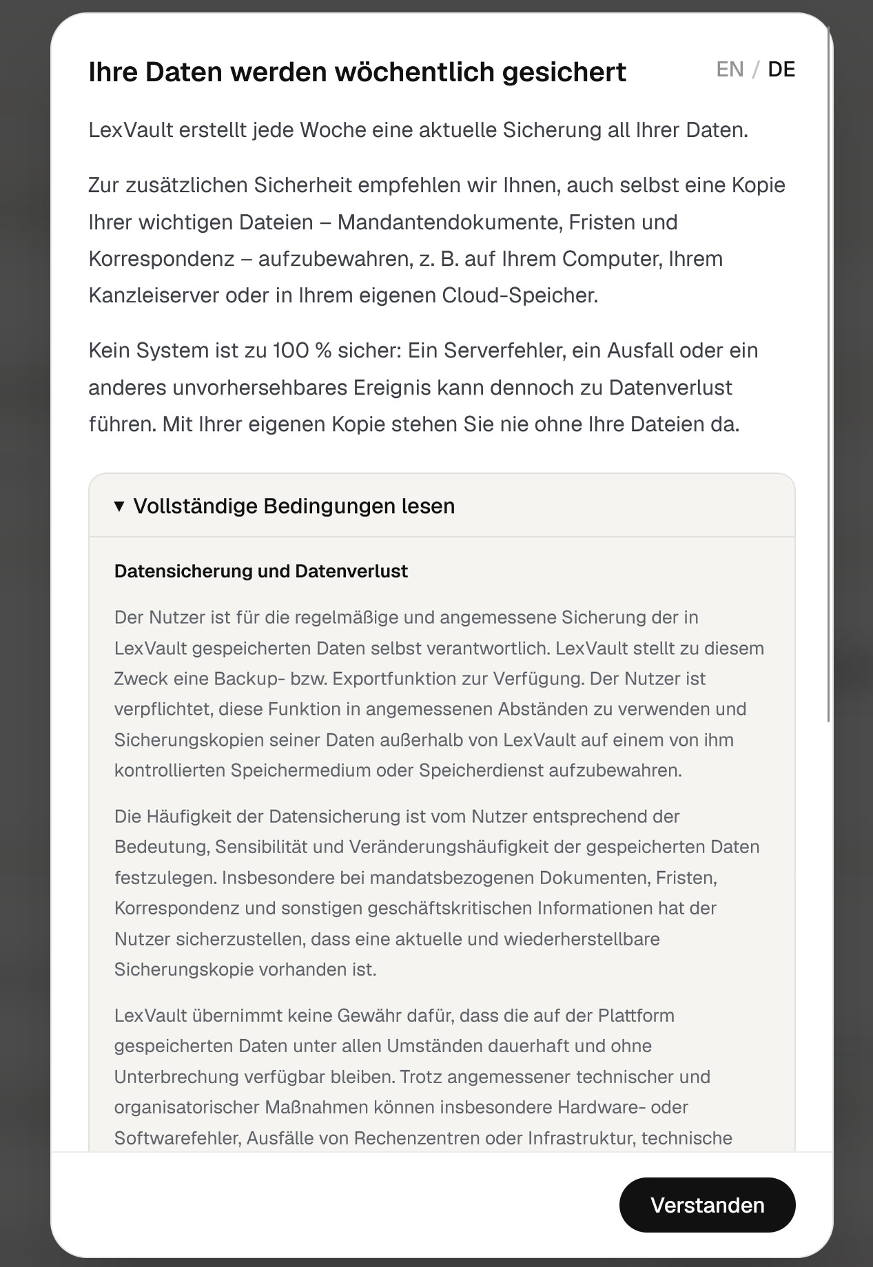 LexVault Hinweis: Daten werden wöchentlich gesichert