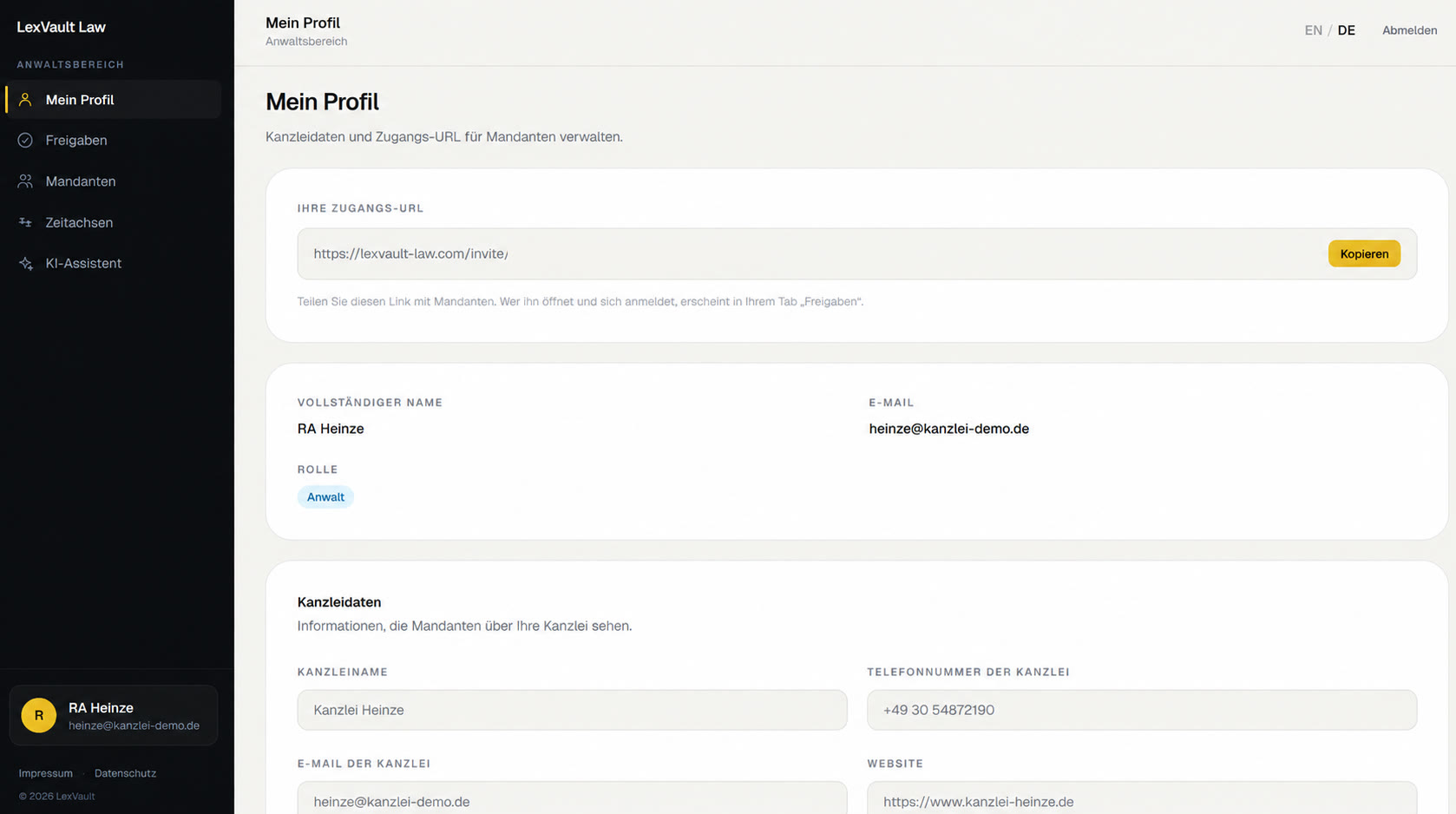 LexVault Mein Profil im Anwaltsbereich mit Zugangs-URL für Mandanten