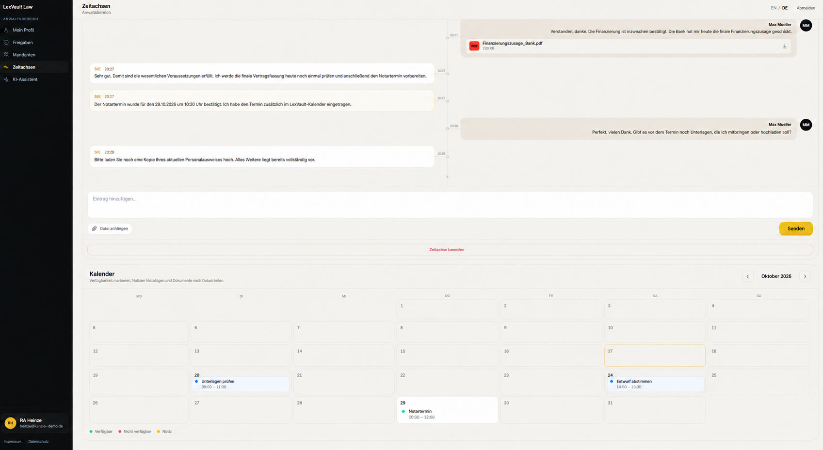LexVault Zeitachse mit Kalender