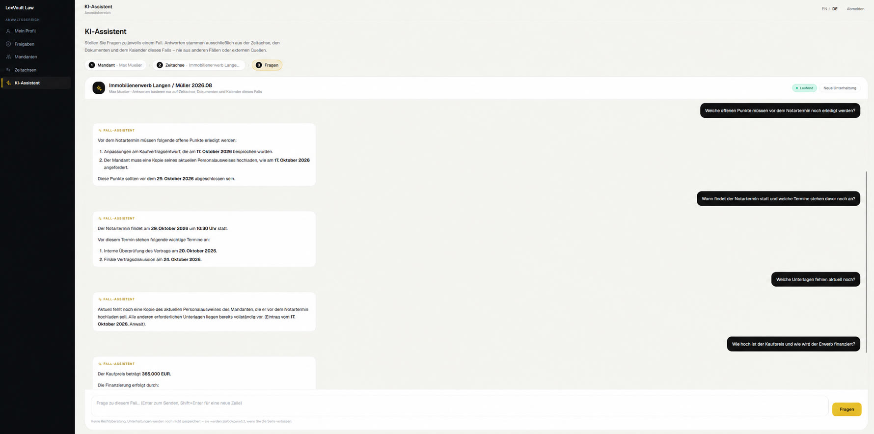 LexVault KI-Assistent beantwortet Fragen zum ganzen Fall